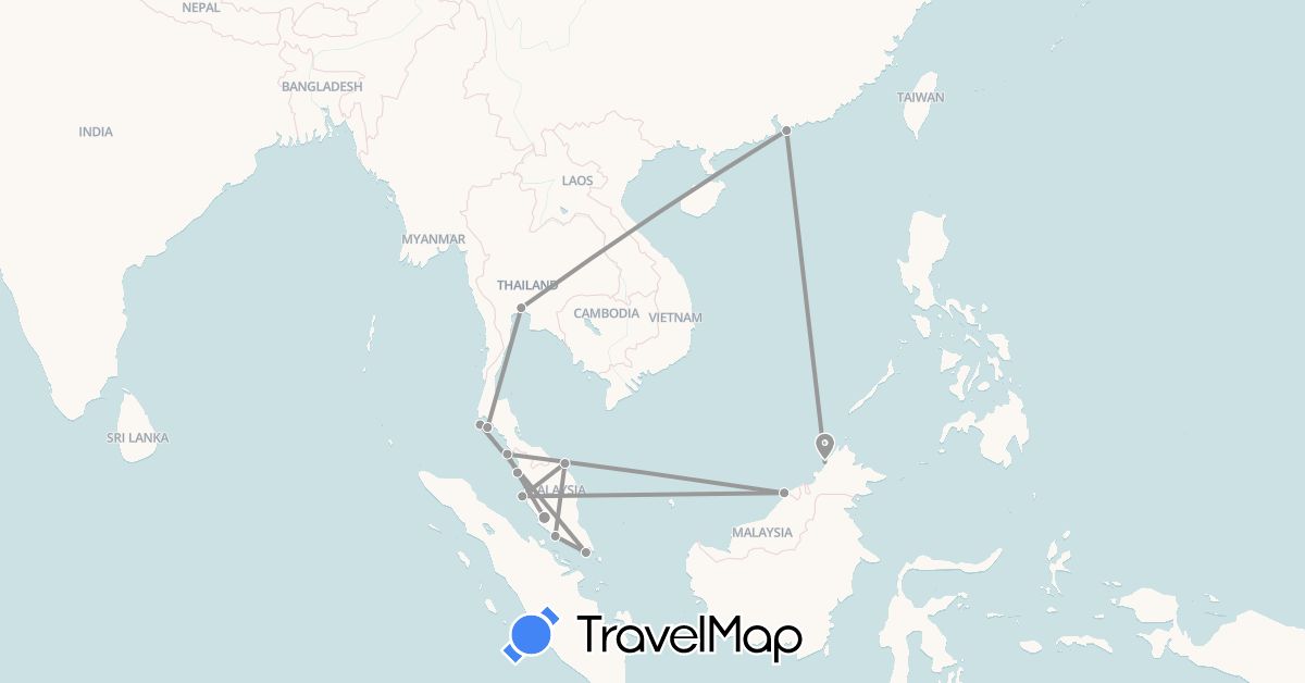 TravelMap itinerary: driving, plane in Hong Kong, Malaysia, Singapore, Thailand (Asia)